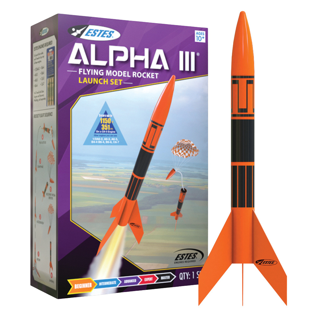 Estes Alpha III model rocket with launch pad and rod