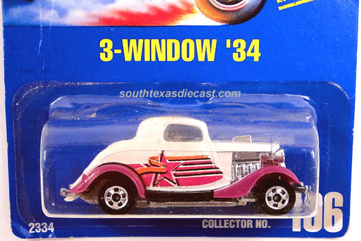 Packaged white Hot Wheels 3-Window 34 number 196 with pink-magenta fenders; representative family comparison