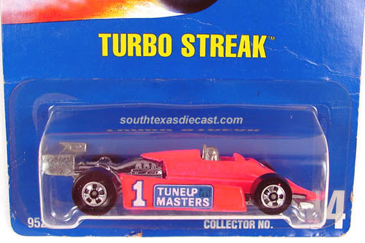1991 Hot Wheels Turbo Streak number 104 in bright red with Tuneup Masters graphics and unpainted wing