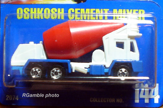 1992 Hot Wheels Oshkosh Cement Mixer number 144 with white cab and red mixing drum