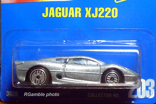 Documented 1993 Hot Wheels Jaguar XJ220 number 203 in metallic silver with open spoiler