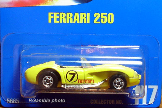 1995 Hot Wheels Ferrari 250 number 117 in yellow with chrome side exhaust pipes