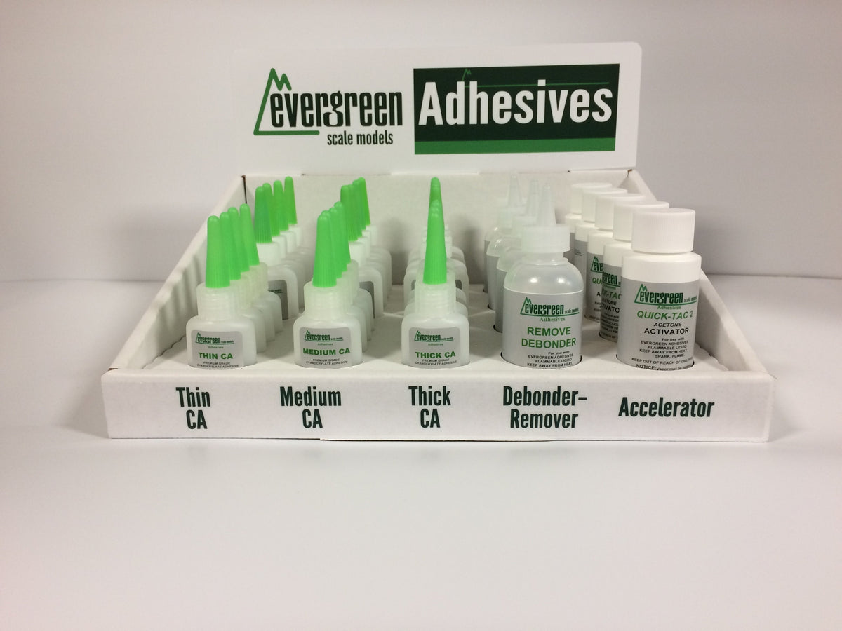 Exhibidor Evergreen Scale Models 60 con surtido de 33 botellas de adhesivo CA