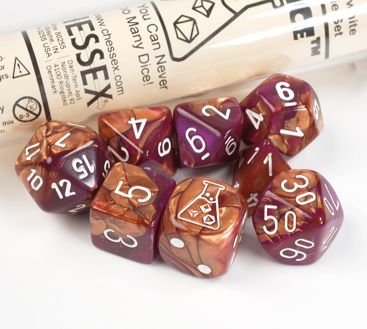 Chessex Gemini Copper-Purple/White Lab Dice Set 30071 – product view 1