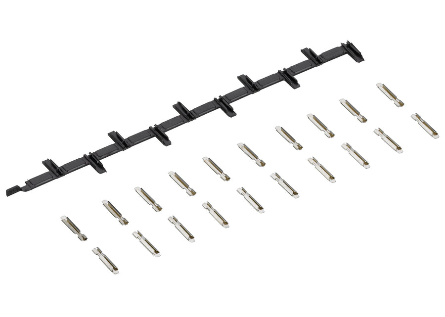 Märklin 8954 set showing the strip of insulated joiners and twenty separate metal rail joiners.