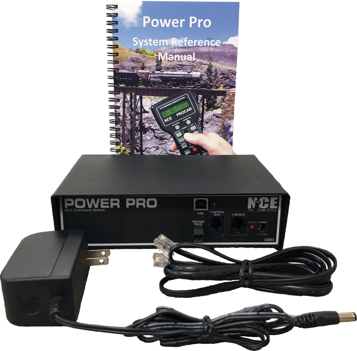 NCE CS03 Power Pro command station with its power supply, control-bus cable and reference manual