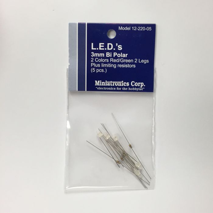 Miniatronics 12-220-05 labeled five-piece package containing 3 mm red/green two-lead bi-polar LEDs and resistors.