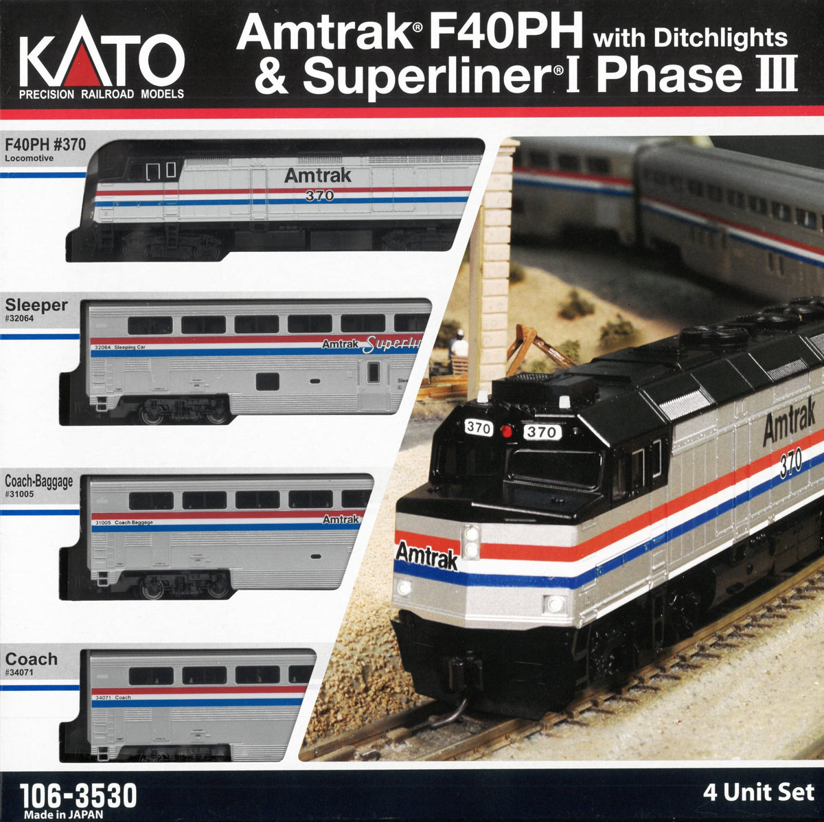 N Amtrak F40PH & Superliner Phase III 4-Unit Set (106-3530) exact product view 1