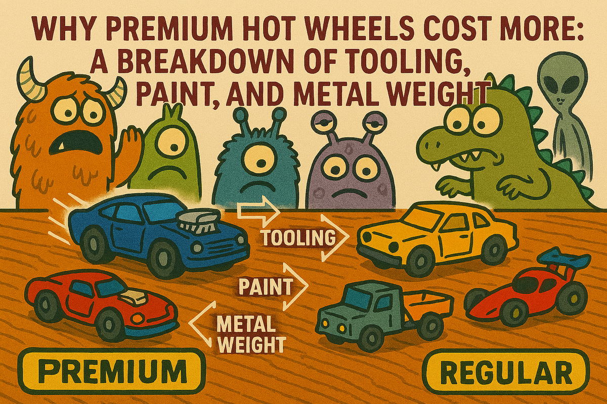 Editorial artwork for comparing premium Hot Wheels product features and purchase formats