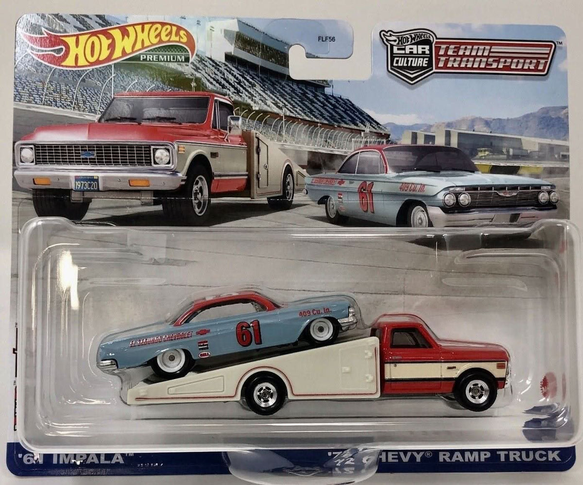 Carded Hot Wheels Premium Team Transport package with a ’61 Impala and ’72 Chevy Ramp Truck