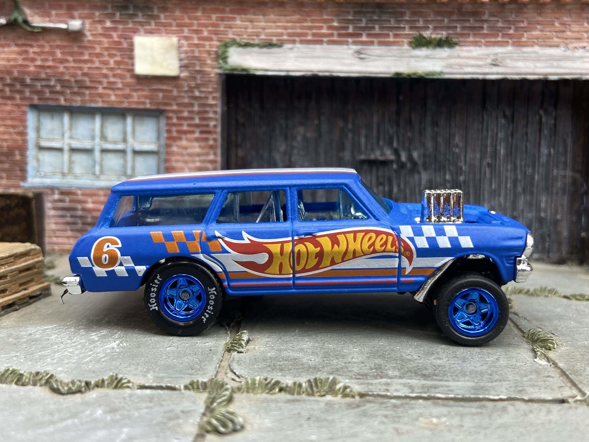 1964 Chevy Nova Wagon Gasser custom Hot Wheels with blue wheels and rubber tires