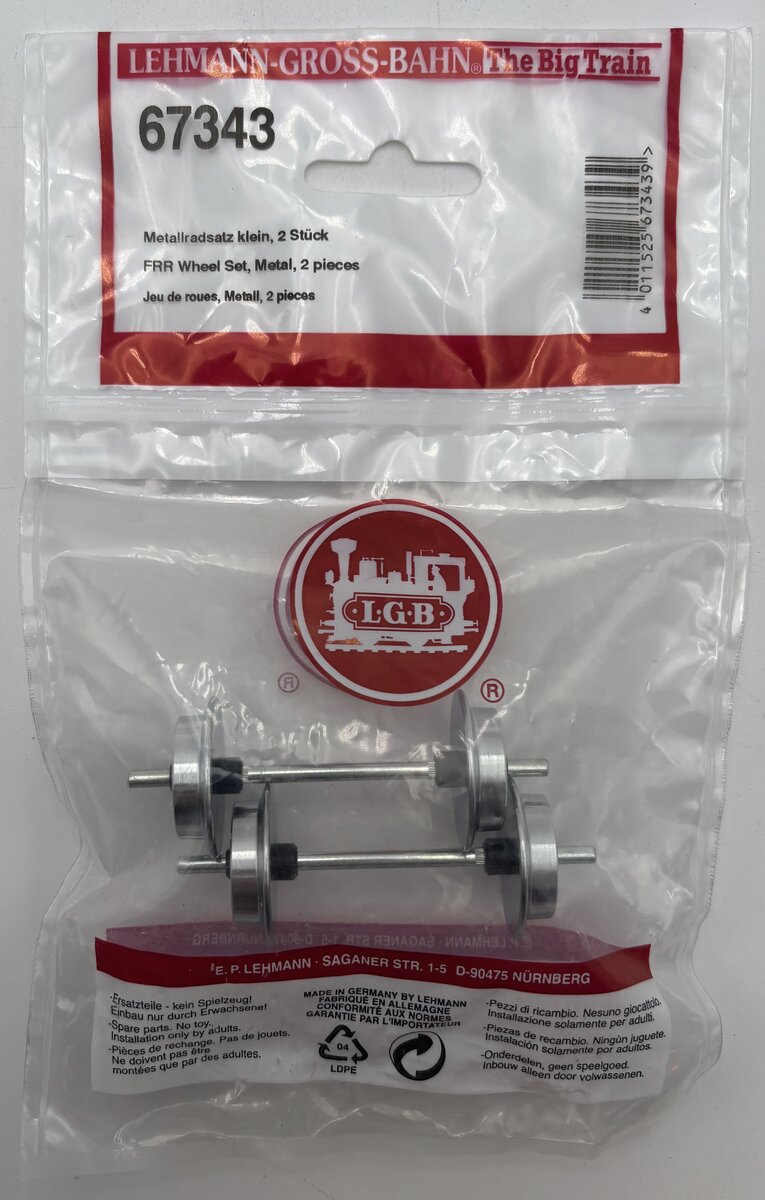 LGB 67343 small metal wheel set, package of two axles