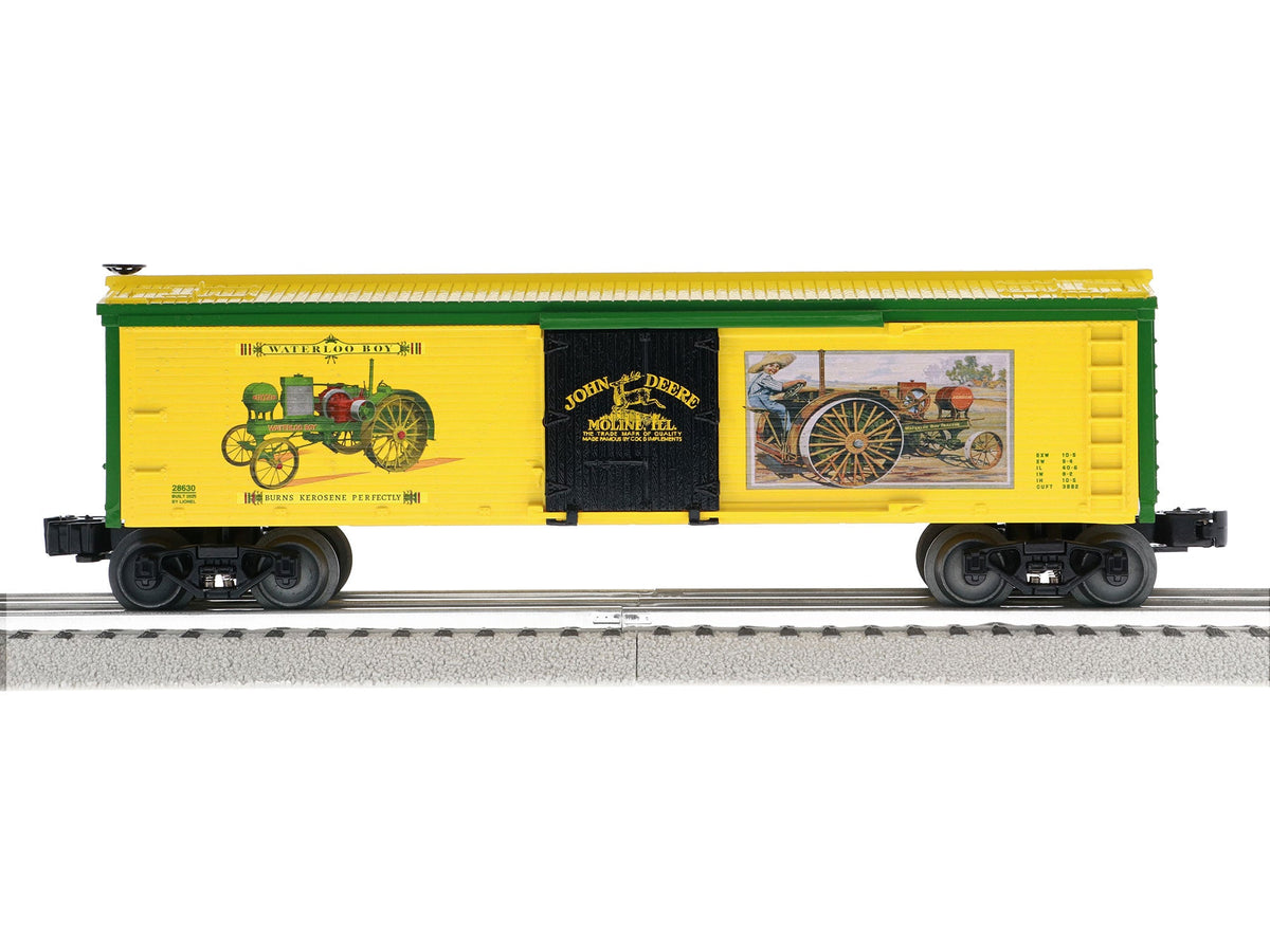 Lionel 2528630 John Deere Waterloo Boy reefer, full side view of yellow refrigerator car 28630