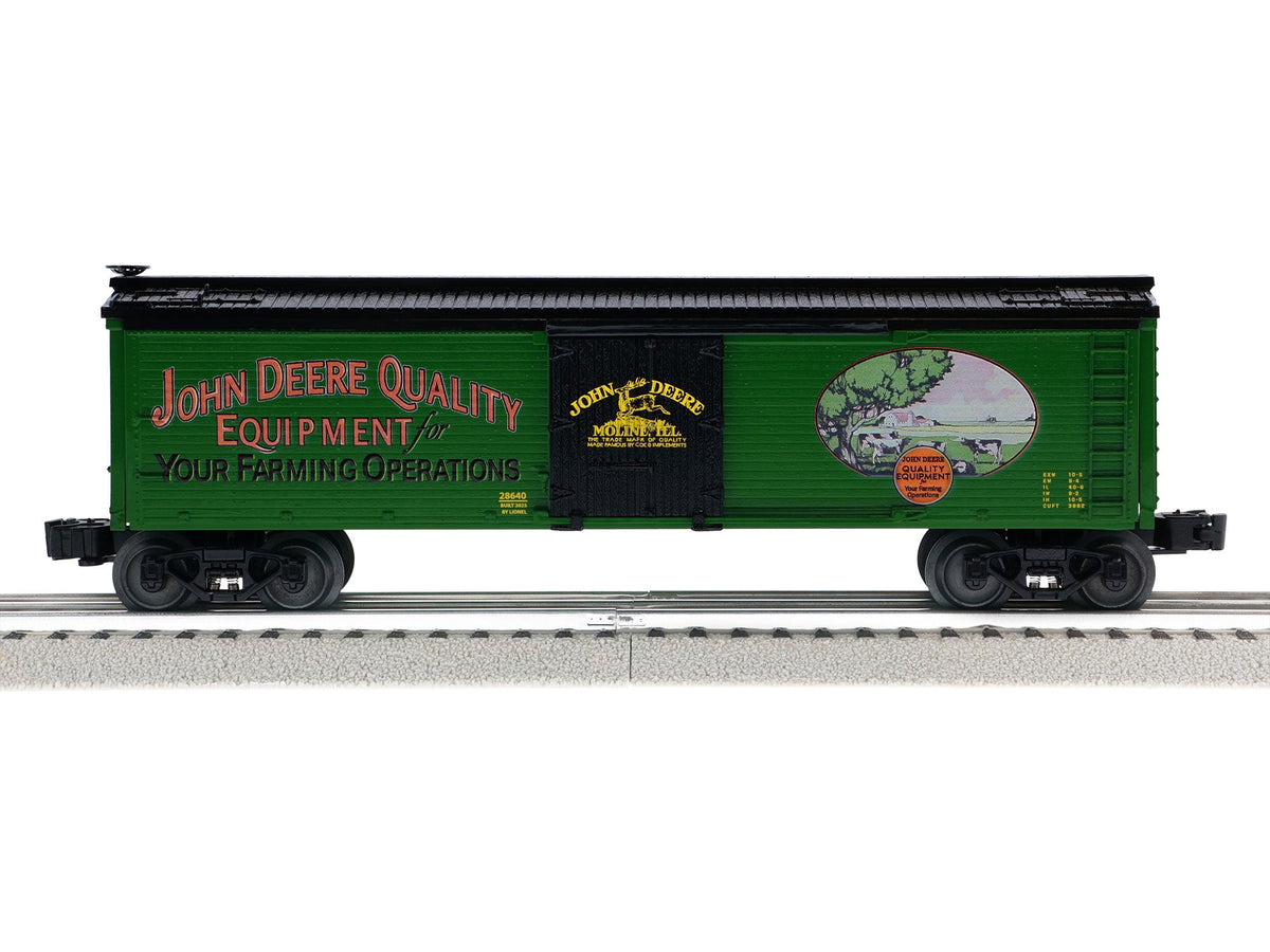 Lionel 2528640 John Deere Quality reefer, full side view of green refrigerator car 28640