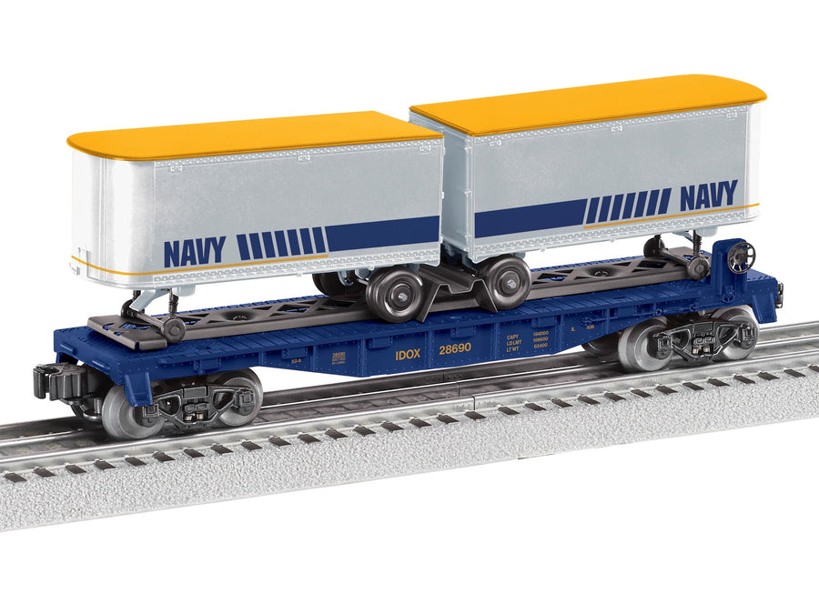 Lionel 2528690 Navy flatcar IDOX 28690 carrying two silver trailers with yellow roofs