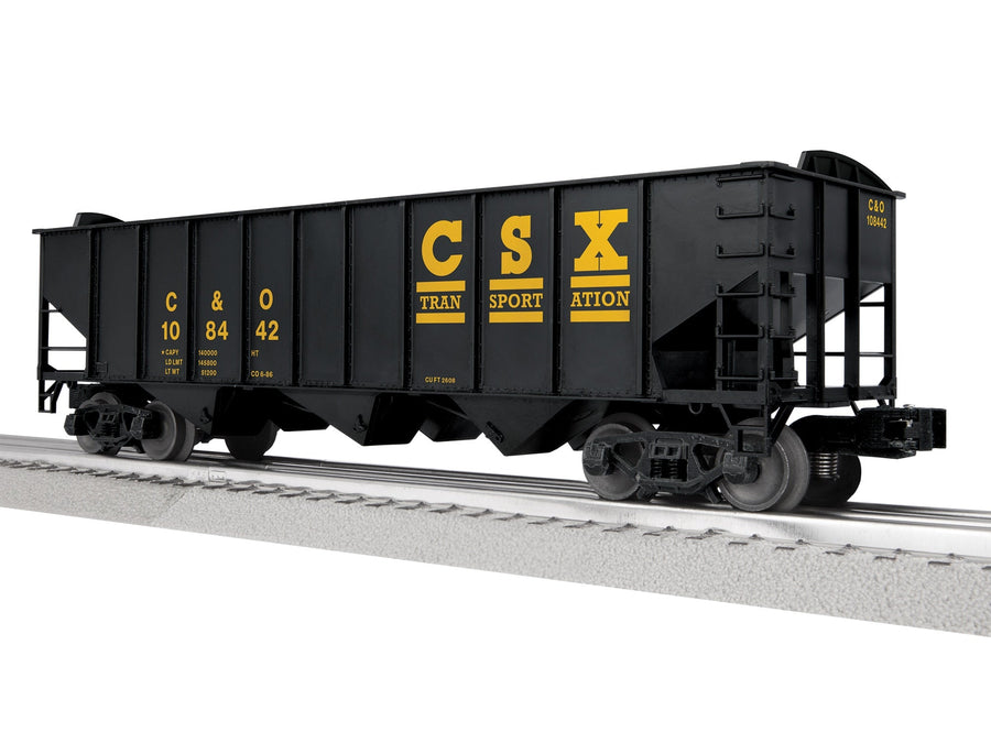 Lionel 2542229 CSX three-bay hopper C&O 108442, three-quarter view