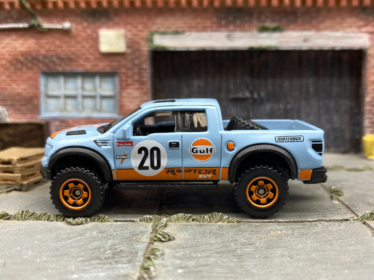 Matchbox 2010 Ford F150 SVT Raptor in GULF Racing Blue and Orange, loose diecast car