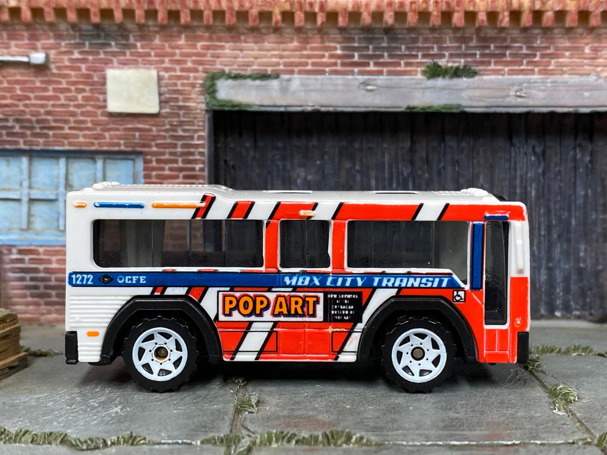 Matchbox MBX City Transport City Bus in White and Red Pop Art, loose diecast car