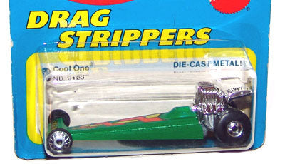Green 1978 Cool One dragster with small front wheels and large rear tires in Drag Strippers packaging