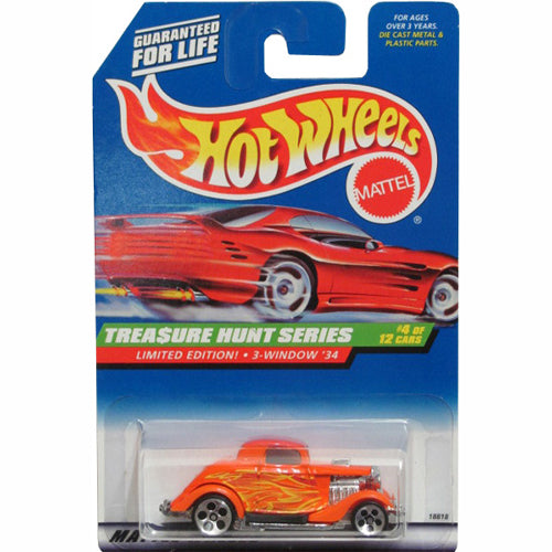 1998 Hot Wheels 3-Window '34 Treasure Hunt used as a same-casting reference, not the focal 1990 blue Real Riders variation