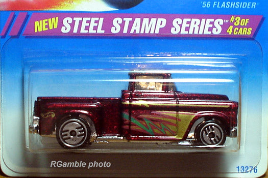 Dark-red 56 Flashsider pickup with Ultra Hots wheels on Steel Stamp Series number 3 card