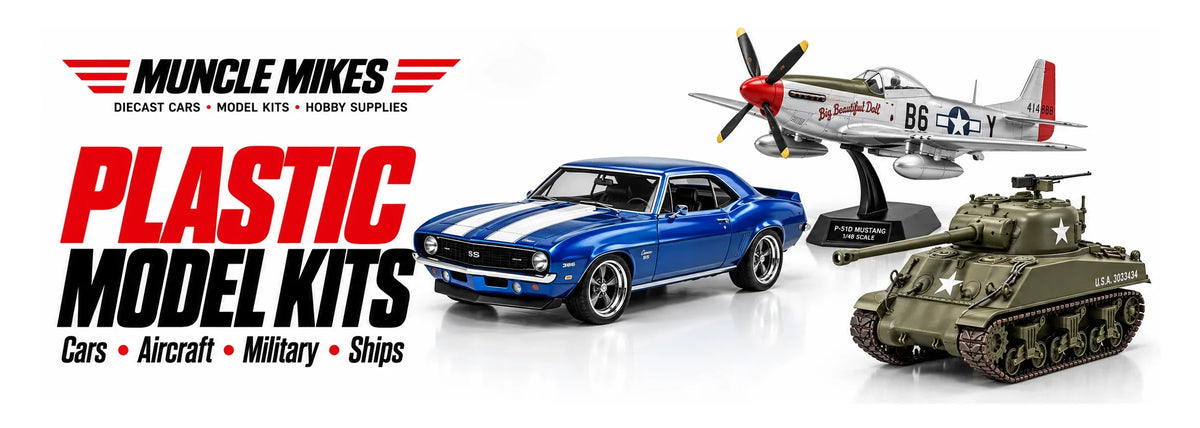 Muncle Mikes collection artwork: plastic model kits with illustrative assembled car, aircraft and military vehicle on white.