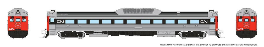 Rapido 516006 N scale Canadian National noodle scheme Budd RDC-1 Phase 2 railcar, manufacturer artwork showing side and end views