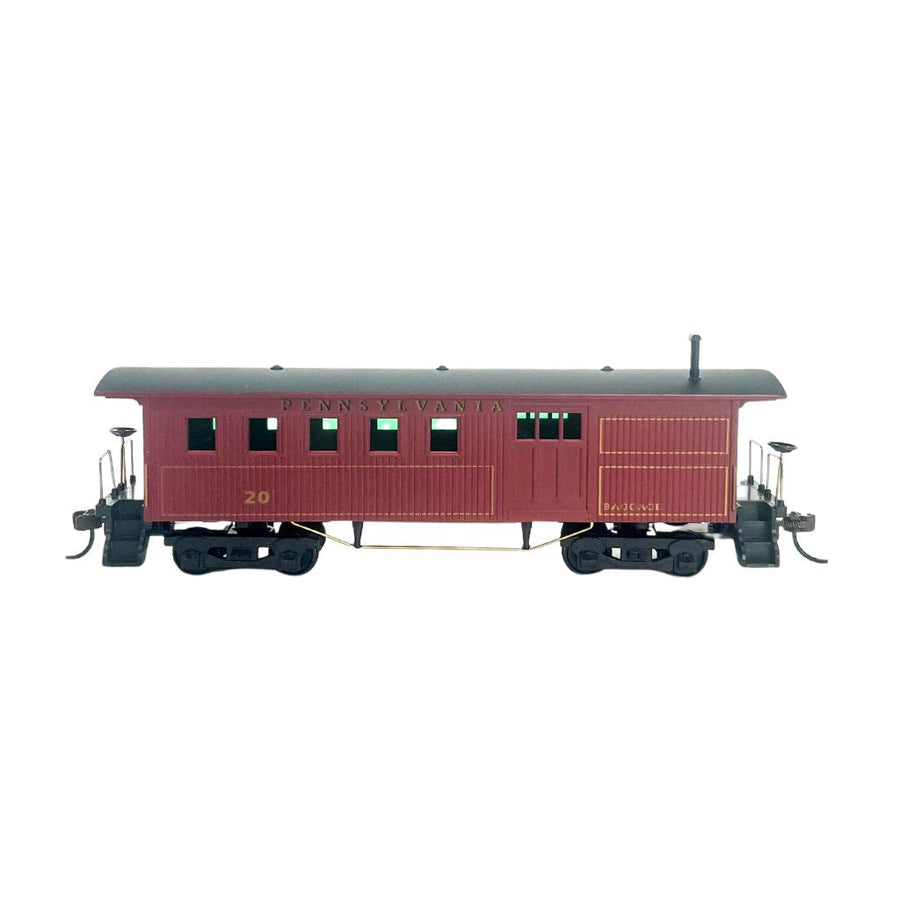 Rock Island Hobby 032215 HO scale Pennsylvania Railroad vintage combine passenger car, side view.