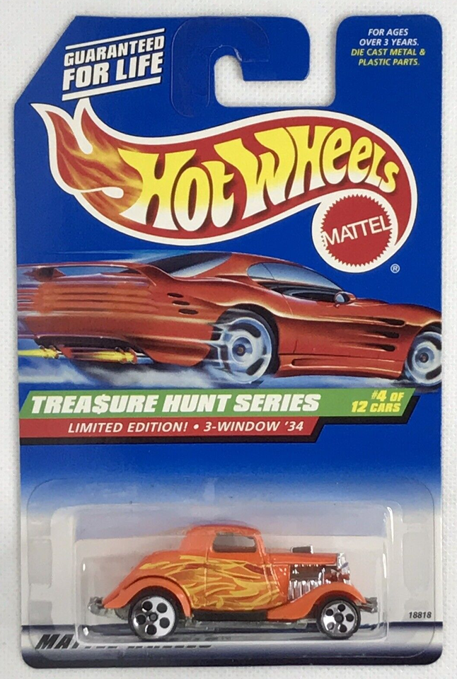Carded orange 1998 Treasure Hunt 3-Window ’34 Ford from the Muncle Mikes catalog