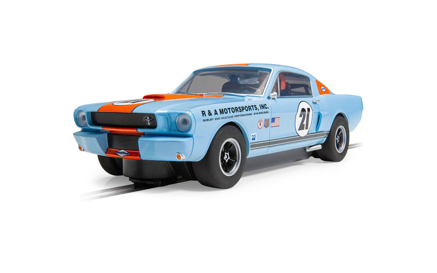 Scalextric C4570 Shelby GT350 Gulf Edition No. 21 blue and orange slot car, front three-quarter view