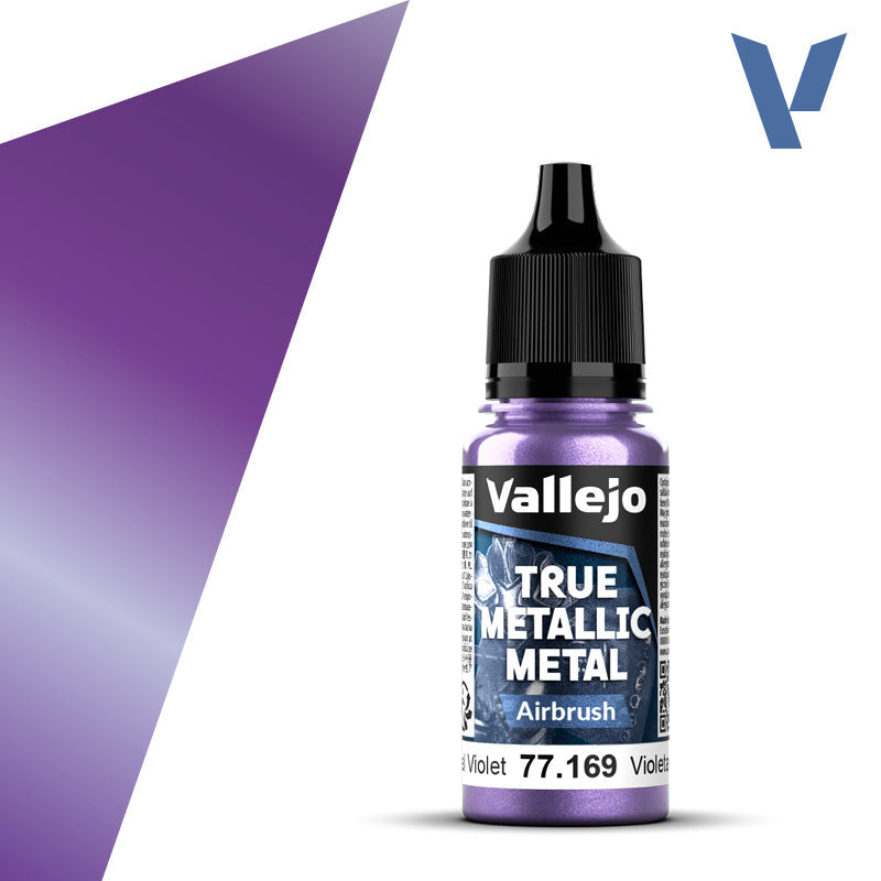 Vallejo True Metallic Metal Airbrush Celestial Violet 77.169 bottle beside a violet color graphic