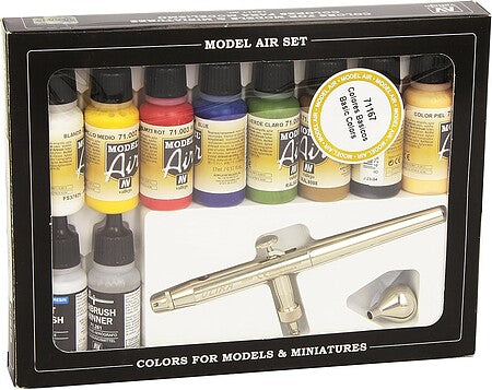 Vallejo 71.167 basic set box showing eight Model Air colors, two auxiliaries and Ultra airbrush