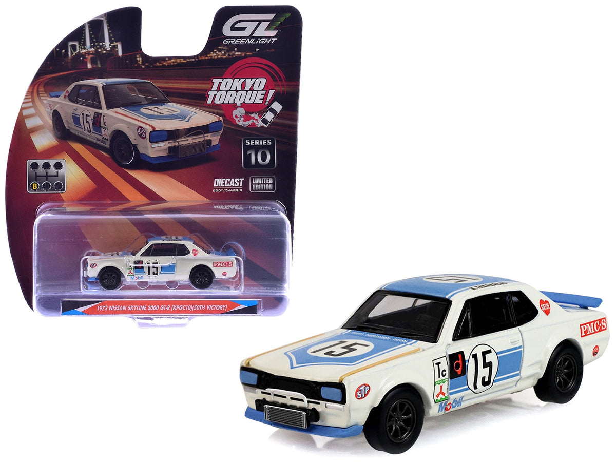 GreenLight Tokyo Torque 235110B 1972 Nissan Skyline 2000 GT-R KPGC10 No. 15 in white with a blue stripe