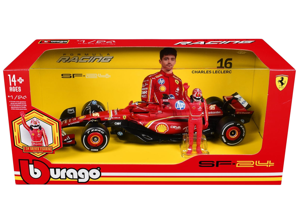 Bburago Ferrari SF-24 Charles Leclerc number 16 model with driver figure, 1:24 item 26823CL