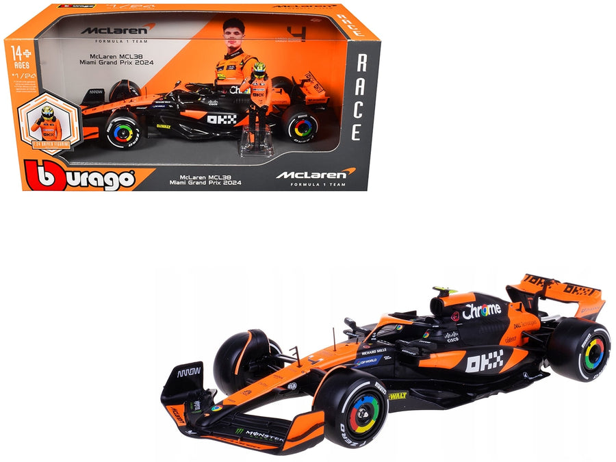 Bburago McLaren MCL38 Lando Norris number 4 Miami 2024 car with driver figure, 1:24 item 28040LN
