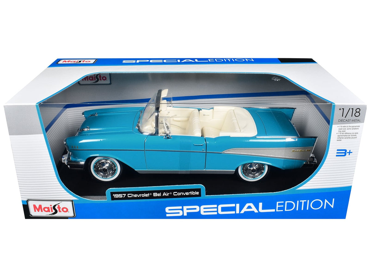 Blue Maisto 31476BL 1957 Chevrolet Bel Air convertible with white interior, 1:18