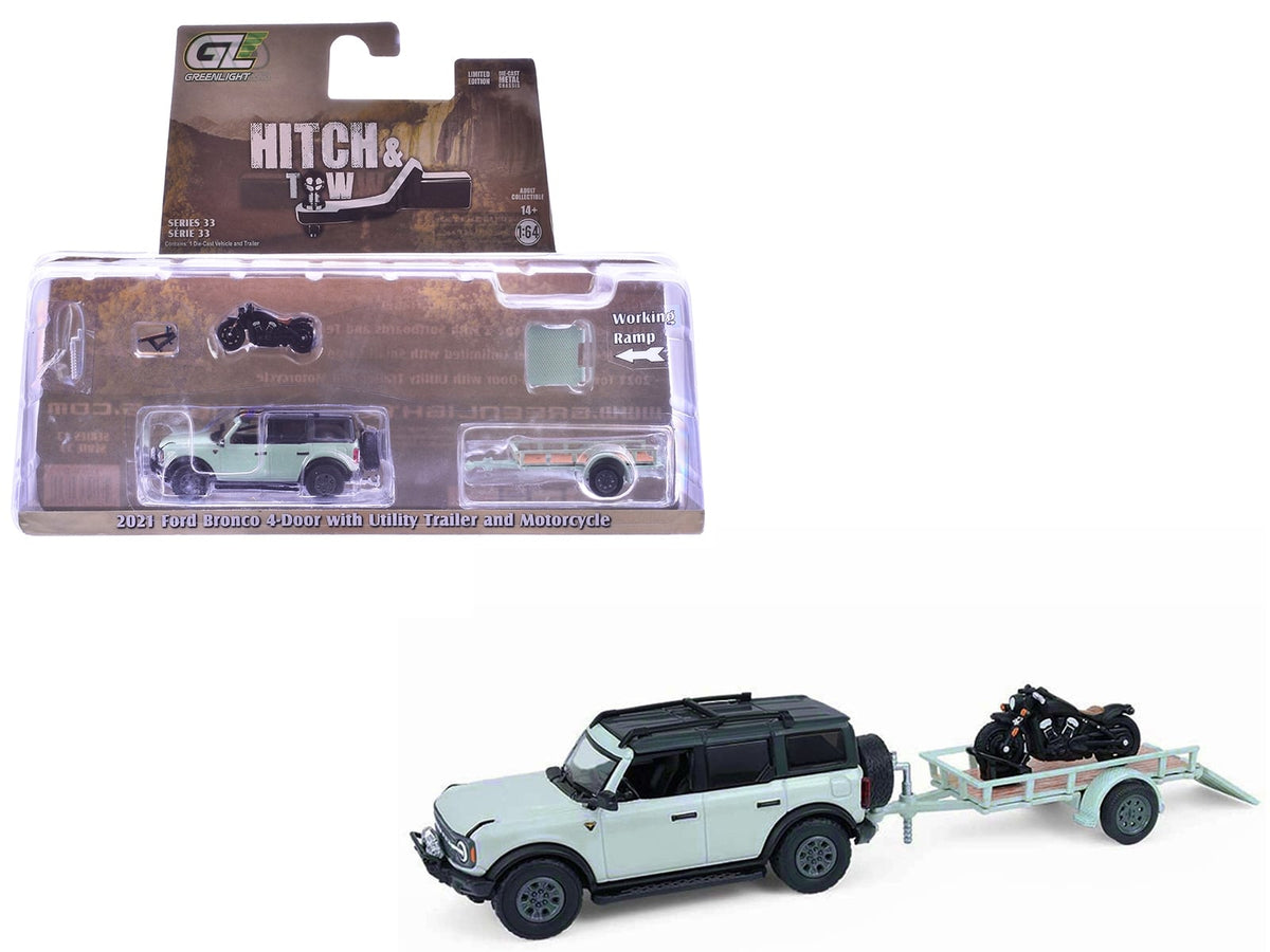 GreenLight Hitch and Tow 32330D Ford Bronco with included motorcycle and utility trailer