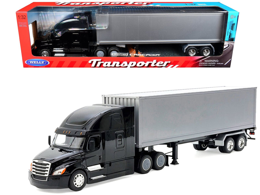 Black Welly Freightliner Cascadia with silver container trailer