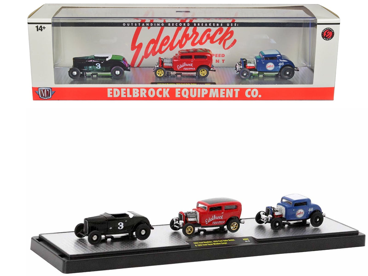 M2 Edelbrock Equipment Co. three-model set with black Roadster, red Tudor Sedan and blue Three-Window Coupe
