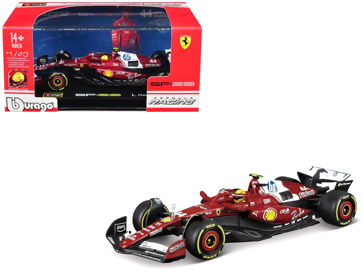 Bburago Ferrari SF-25 number 44 Lewis Hamilton 1:43 model with display case, 36852LH