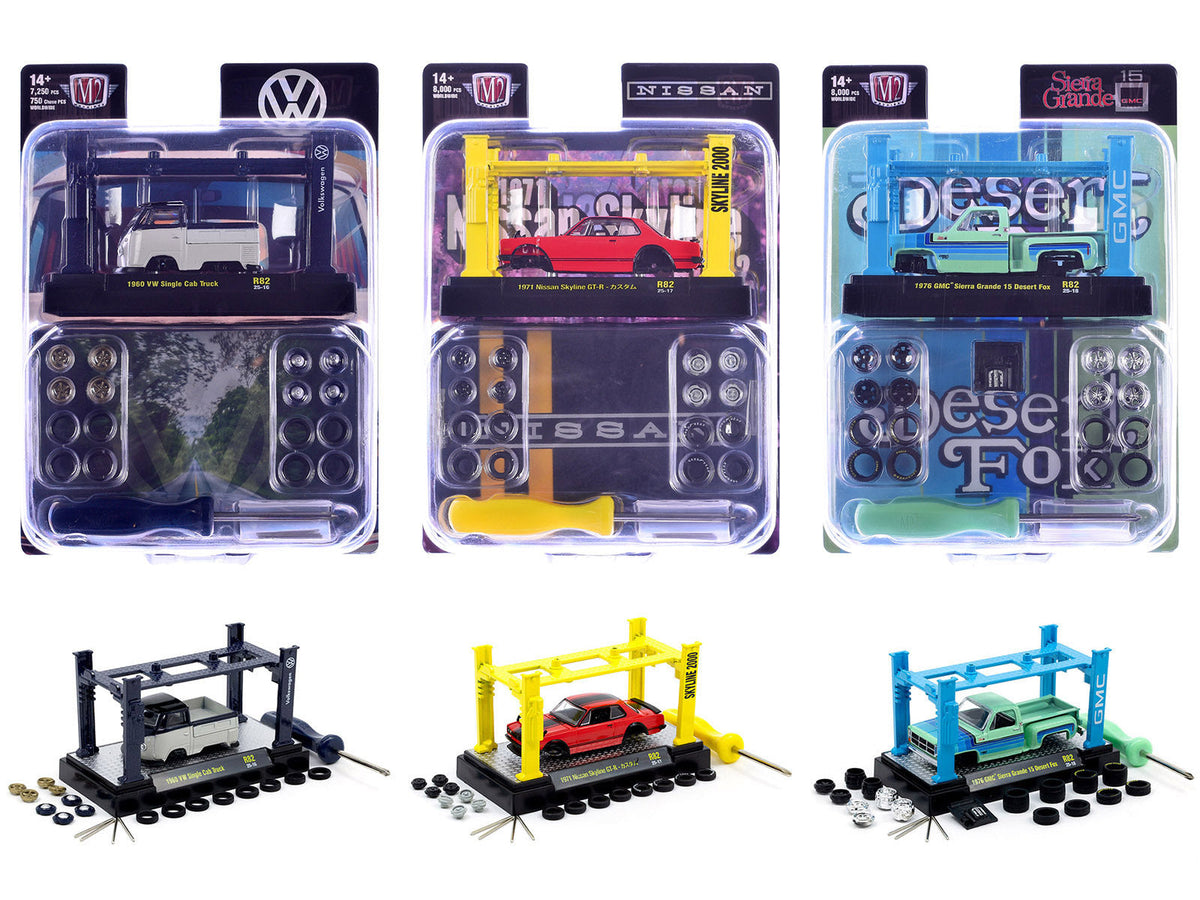 M2 Machines Release 82 model kits featuring Volkswagen pickup, Nissan Skyline and GMC pickup with Auto-Lifts