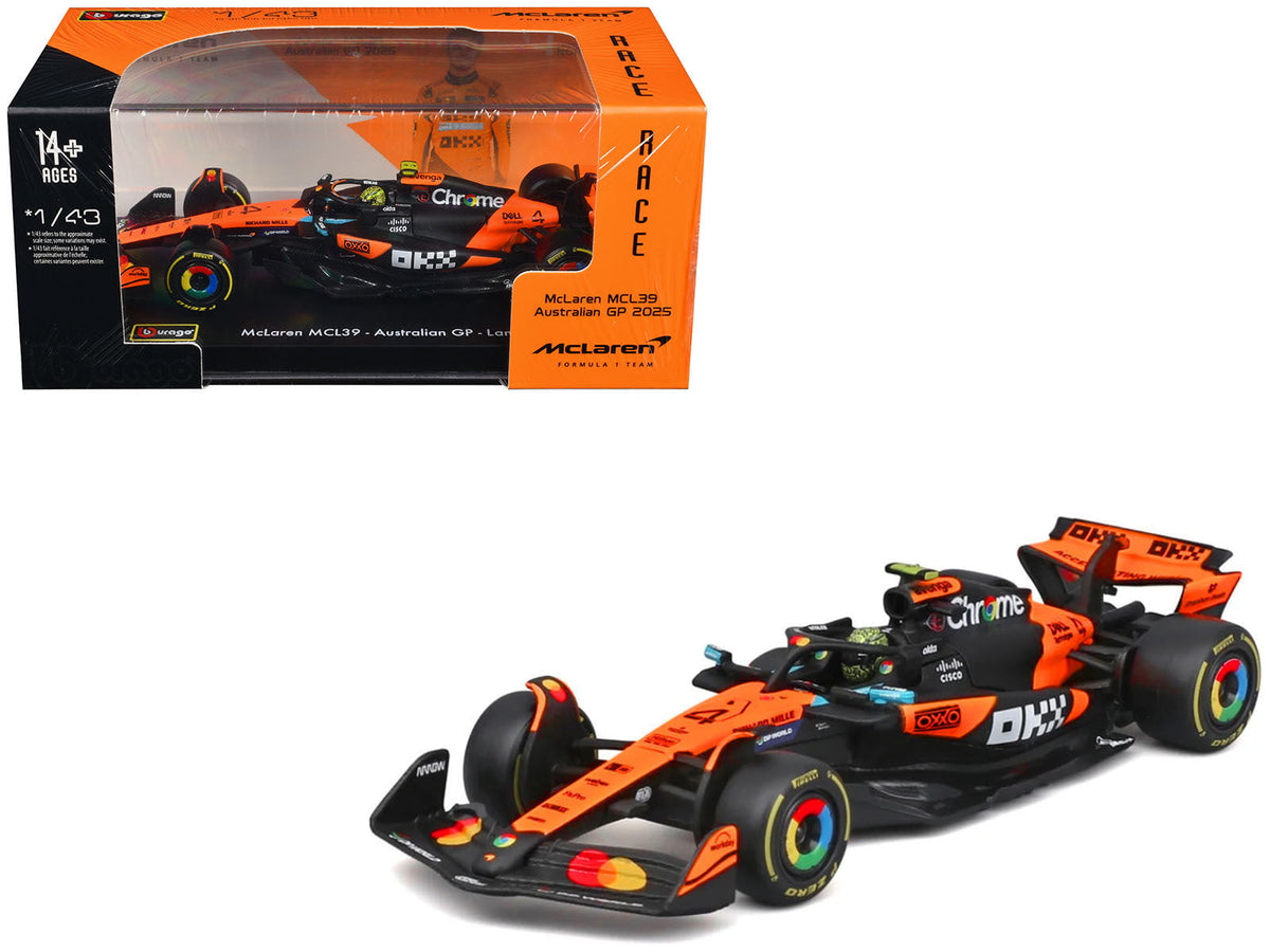 Bburago McLaren MCL39 número 4 de Lando Norris, edición del GP de Australia 2025, mostrado dentro y fuera de la caja