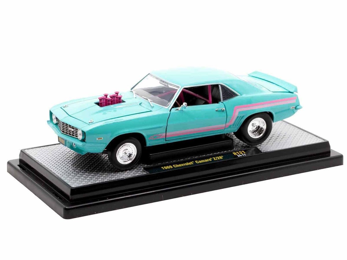 Light-blue M2 1969 Chevrolet Camaro Z/28 Pro Street with pink stripes, item 40300-121A, 1:24
