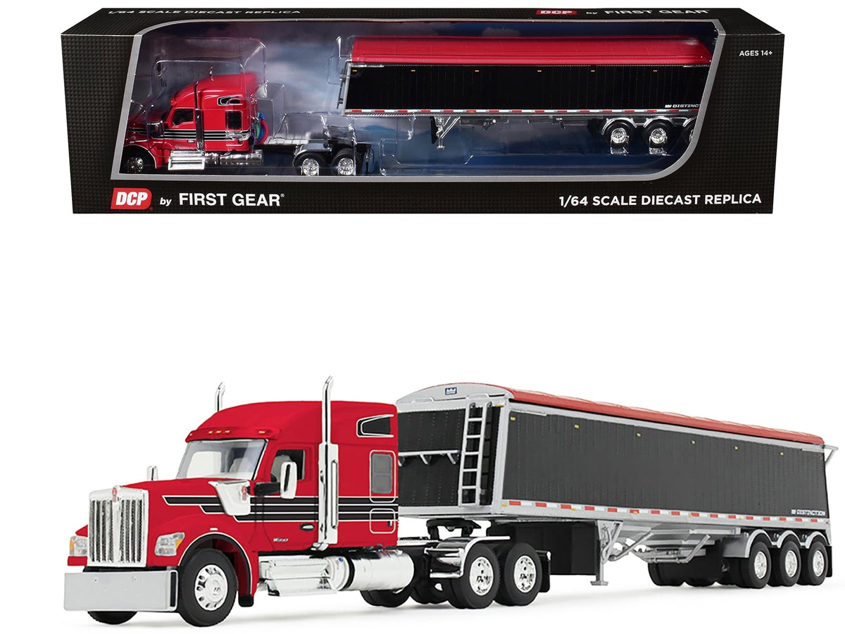 Red DCP by First Gear Kenworth W990 with black Lode King Distinction hopper trailer, 1:64 item 60-2176