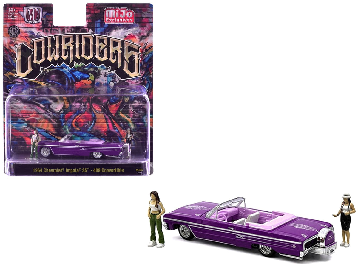 Purple M2 1964 Impala SS 409 convertible with purple-and-white interior and two included figures