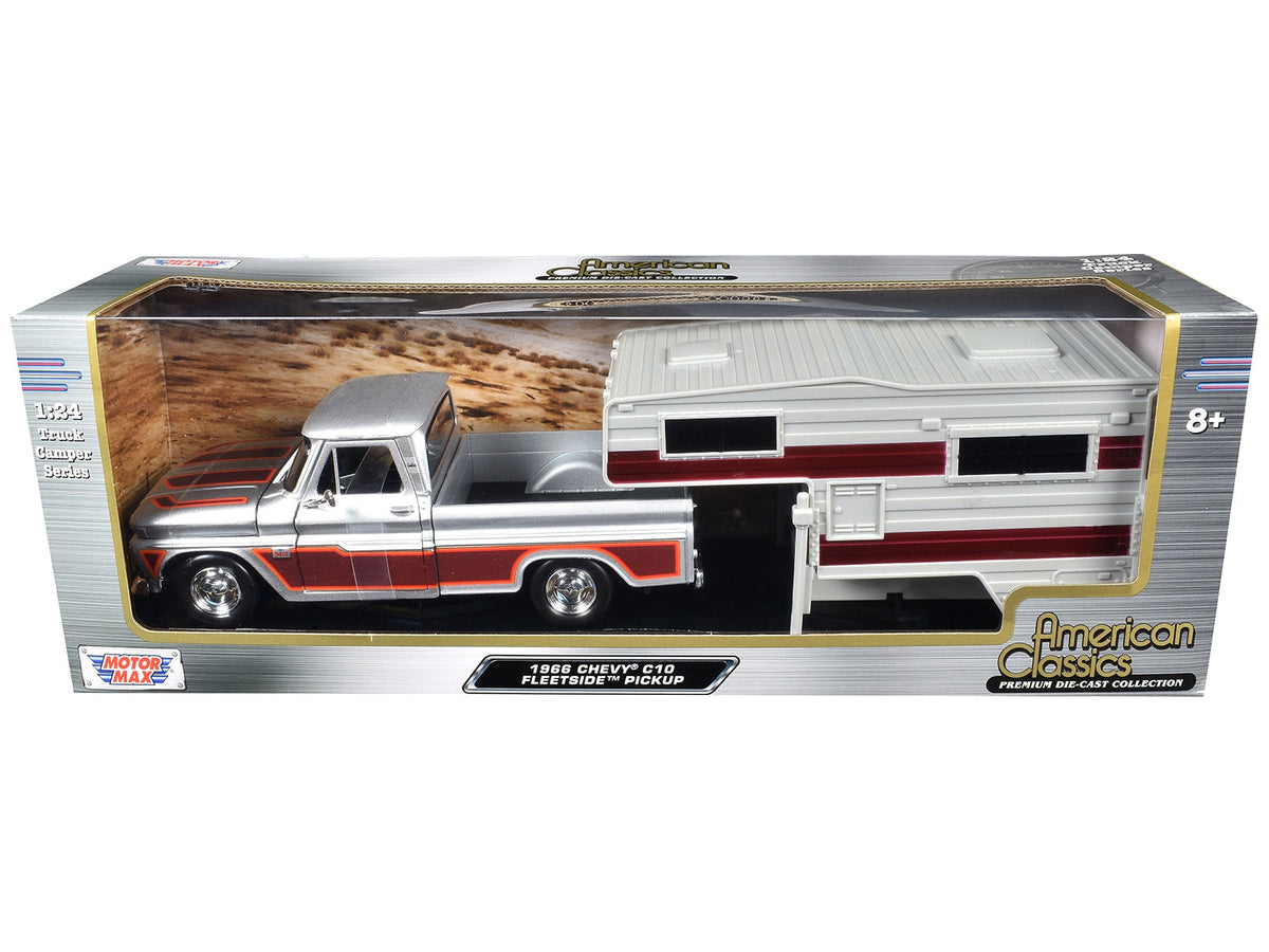 Silver Motormax 1966 Chevrolet C10 pickup with brown camper, set 75330-73355SIL