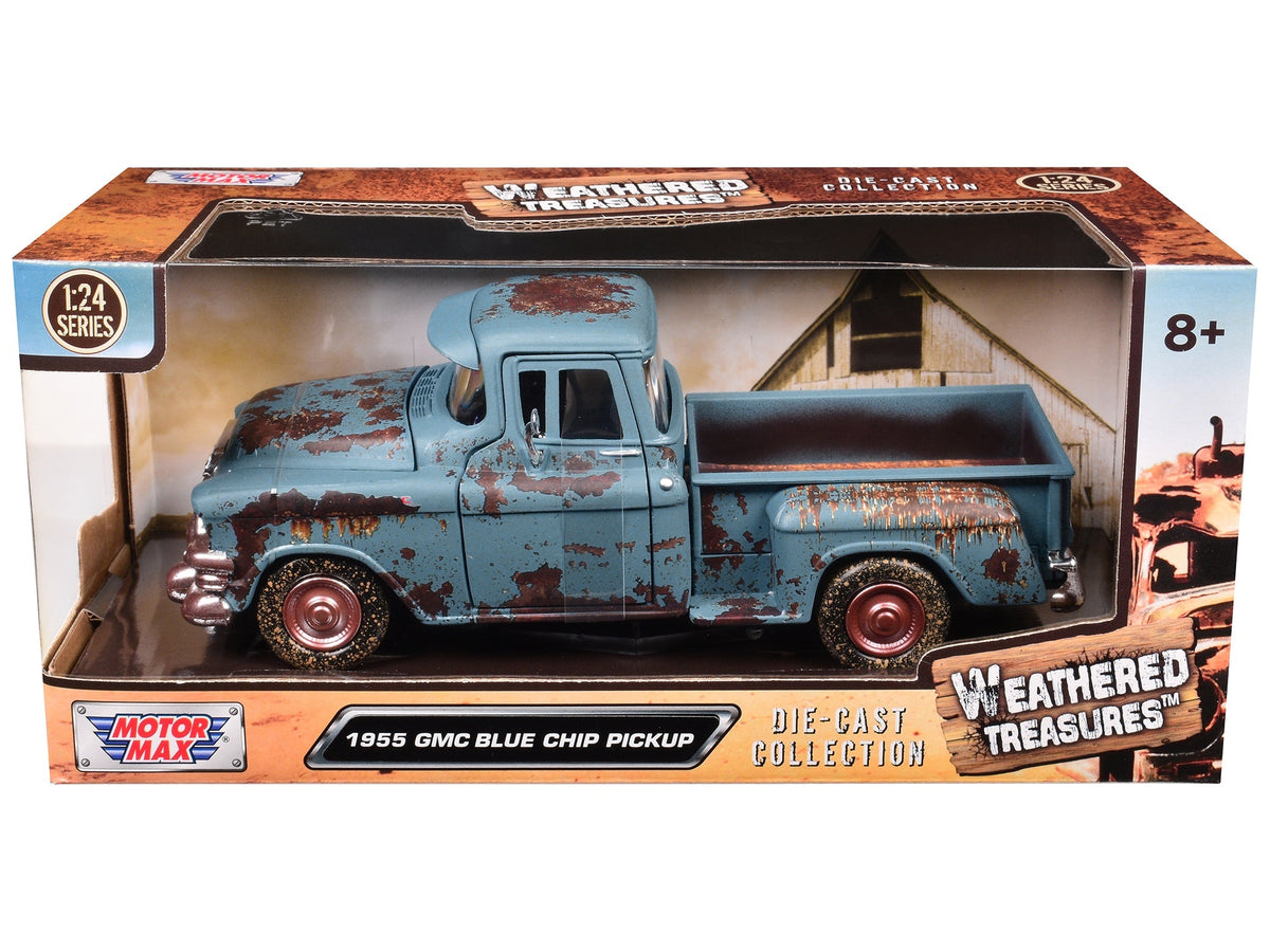 Motormax Weathered Treasures 1955 GMC Blue Chip pickup with matt-blue rusted-look finish, 79071BL
