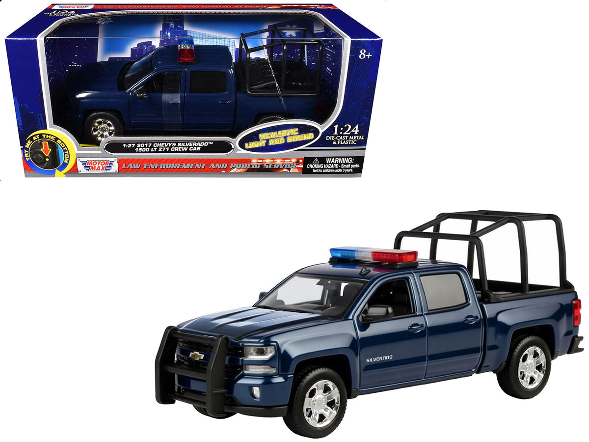 2017 Chevrolet Silverado 1500 LT Z71 Crew Cab Pickup Truck with Bed Cage Dark Blue with Flashing Light Bar and Front and Rear Lights and Sounds 1/24-1/27 Diecast Model Car by Motormax