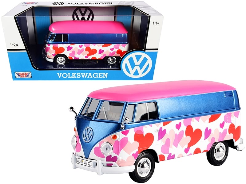 Motormax Volkswagen Type 2 T1 Love delivery van pink blue metallic 1:24 79581, view 1