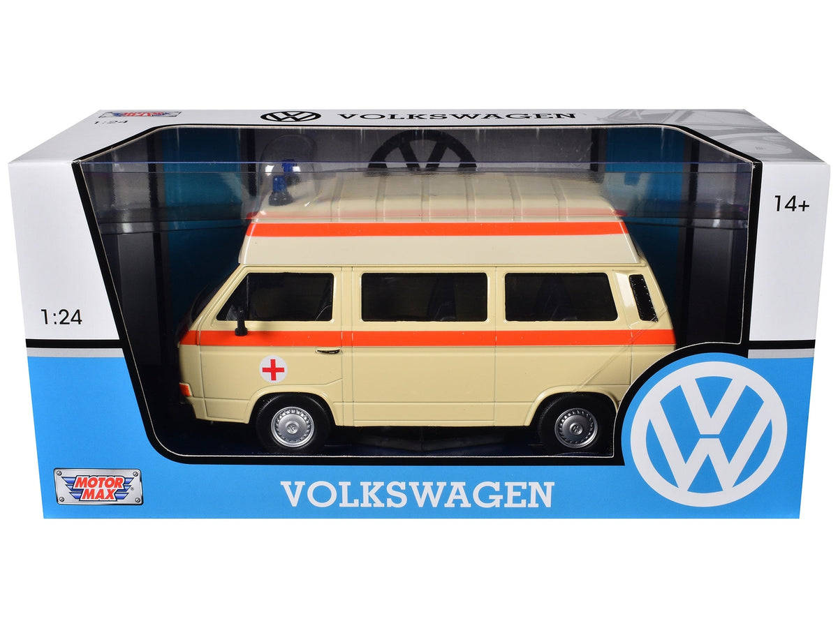 Volkswagen Type 2 (T3) High Roof Ambulance Cream with Orange Stripes 1/24 Diecast Model Car by Motormax